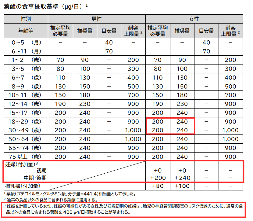 妊婦の葉酸の食事摂取基準2025年版